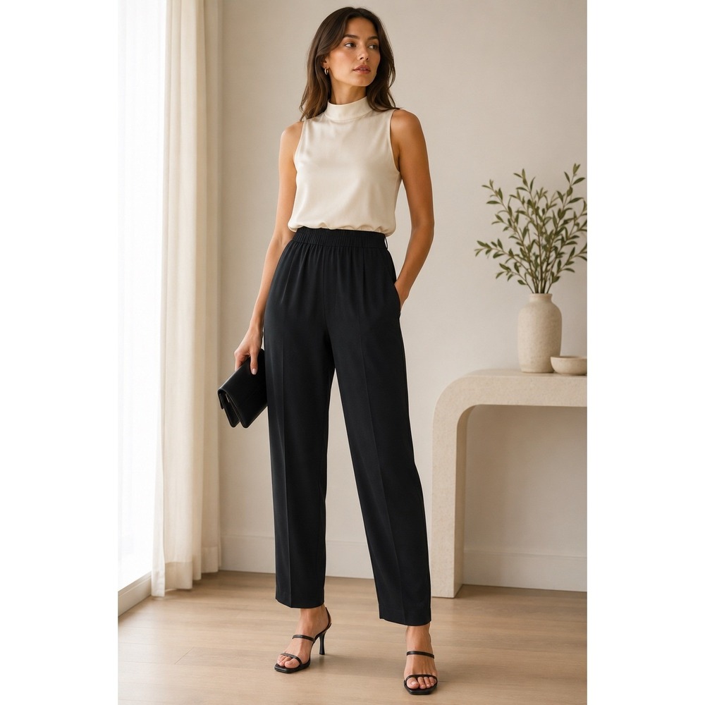 3.1 Phillip Lim Black 100% Silk Elastic Waist Tapered Trousers Pants Size 2